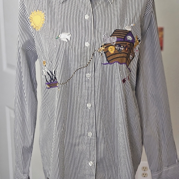 Quacker Factory Noah's Ark Stripped Embroidered Blouse For Women. Size Medium - Picture 4 of 13